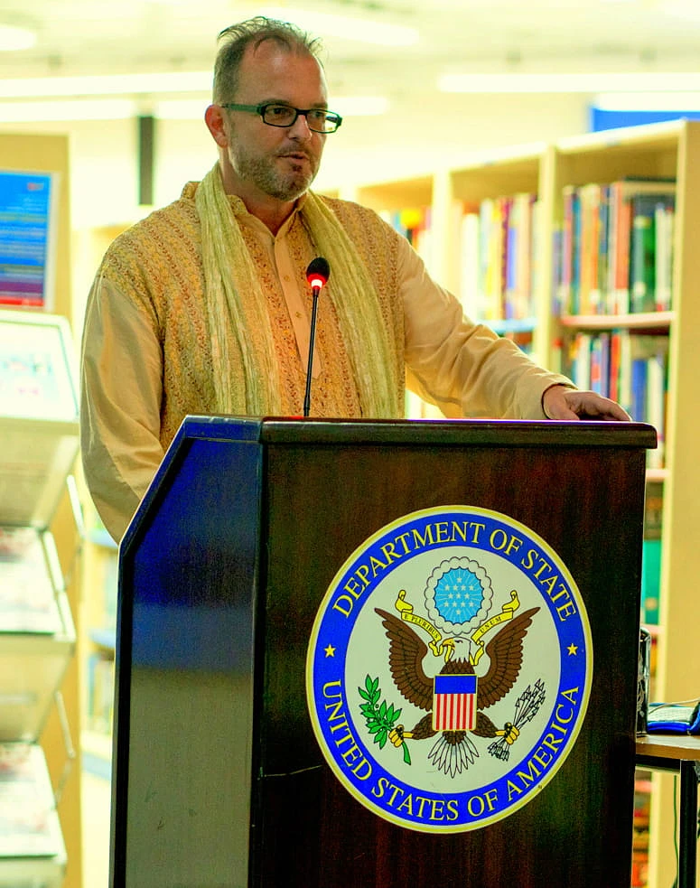 Jeffrey Stanley delivering a lecture on his research at the American Center Library at the US Consulate in Kolkata in March 2019.