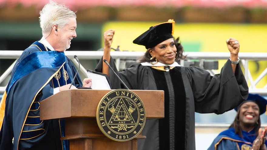 Drexel University President John Fry and Sheryl Lee Ralph at Drexel's 2024 Commencement ceremony.