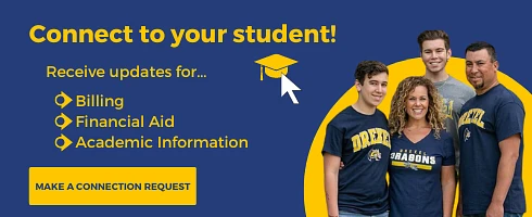 A group of four people wearing Drexel University apparel is featured in an advertisement encouraging connection with students for updates on billing, financial aid, and academic information.