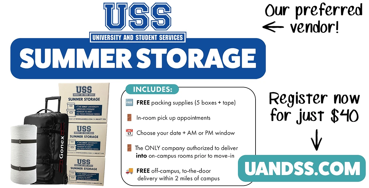 This image is an advertisement for USS University and Student Services' summer storage, offering free packing supplies and delivery services for $40 registration.