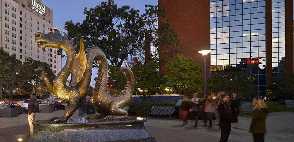 Drexel University dragon statue at night